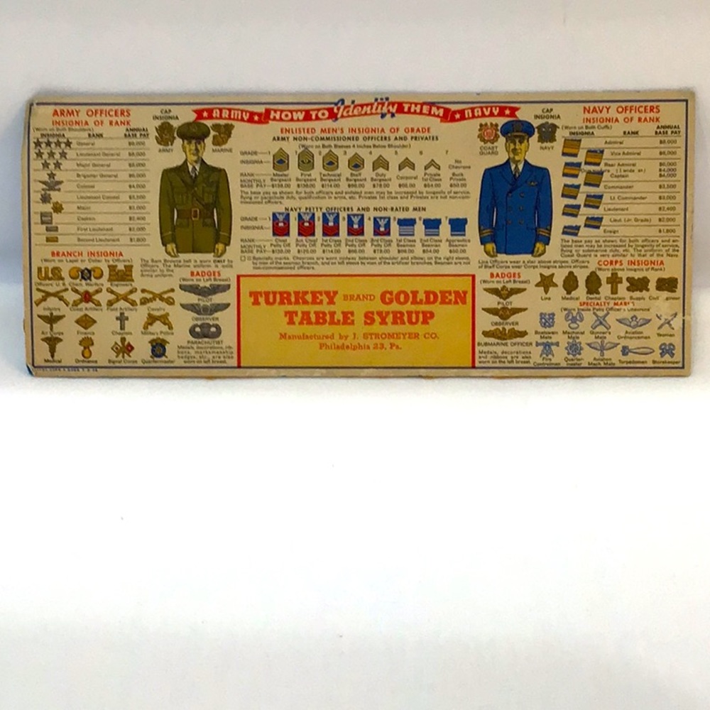 WW 2 Ephemera Army & Navy ranks, insignia & badges reference card